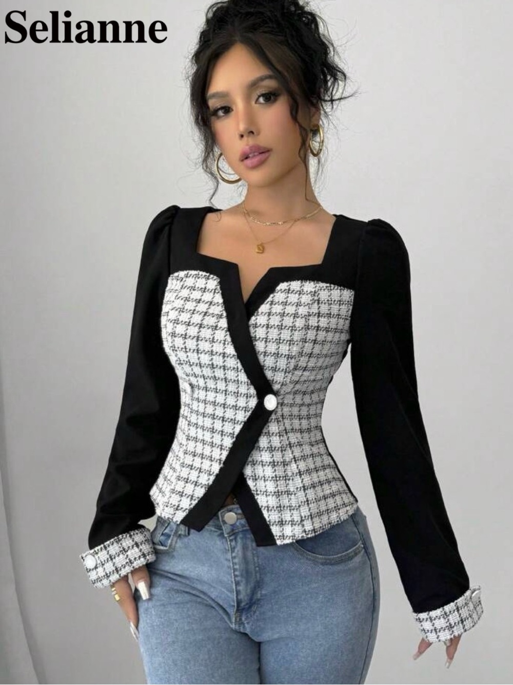 Black & White Houndstooth Peplum Top